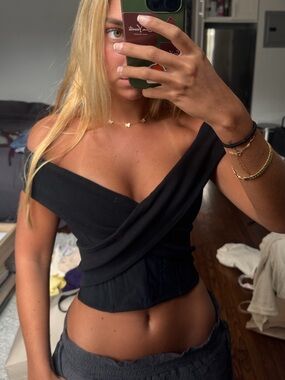 RtA Black Off-Shoulder Crossover Ribbed corset